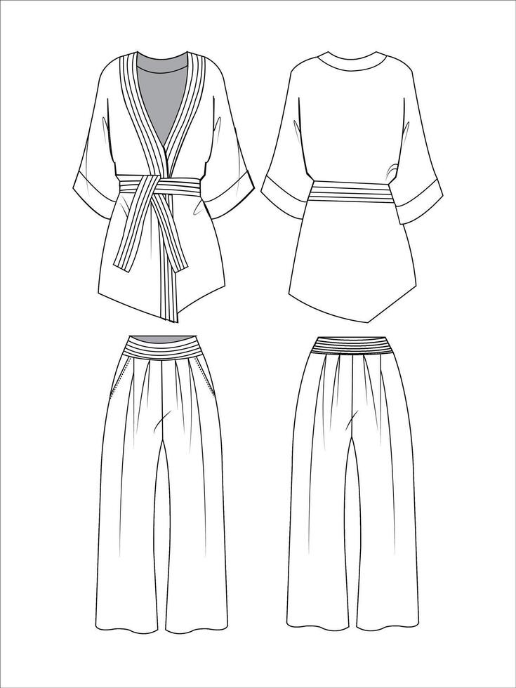 unisexo kárate traje diseño con acampanado pantalones plano bosquejo Moda ilustración con frente y espalda ver envuelto kimono blusa parte superior con pijama traje ropa de dormir conjunto canalla dibujo vector