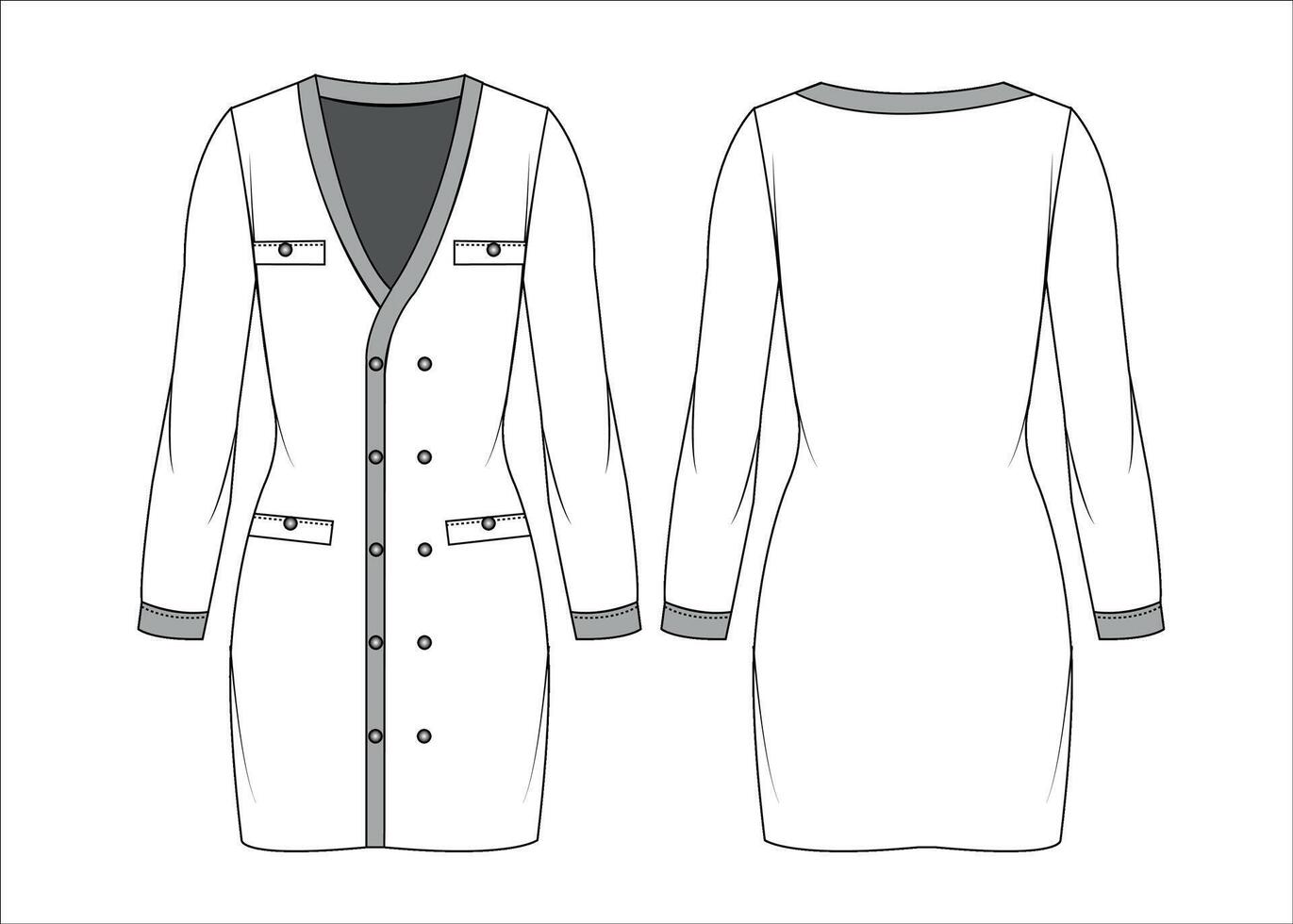 mujer largo manga botón frente corto suéter vestir plano bosquejo vector ilustración frente y espalda ver técnico canalla dibujo modelo