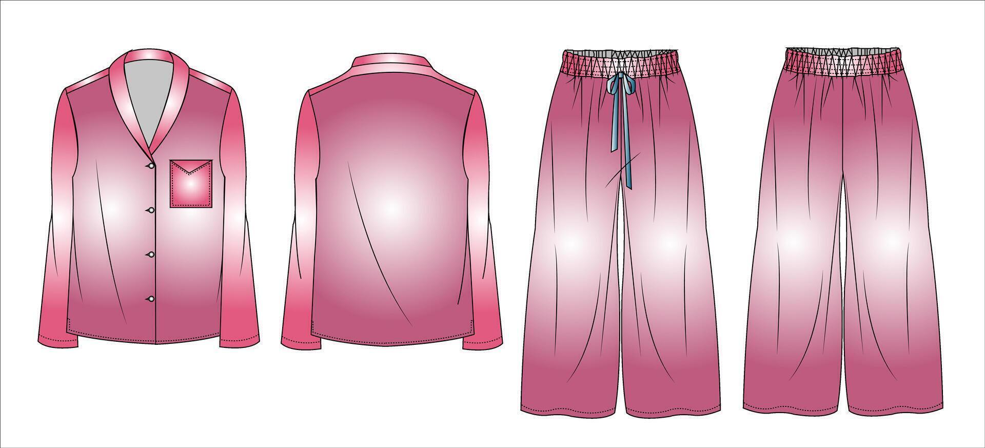 Long sleeve shirt Women's top and bottom Set pajama set and flared long pant sleep wear set fashion flat sketch vector illustration template. cad mockup