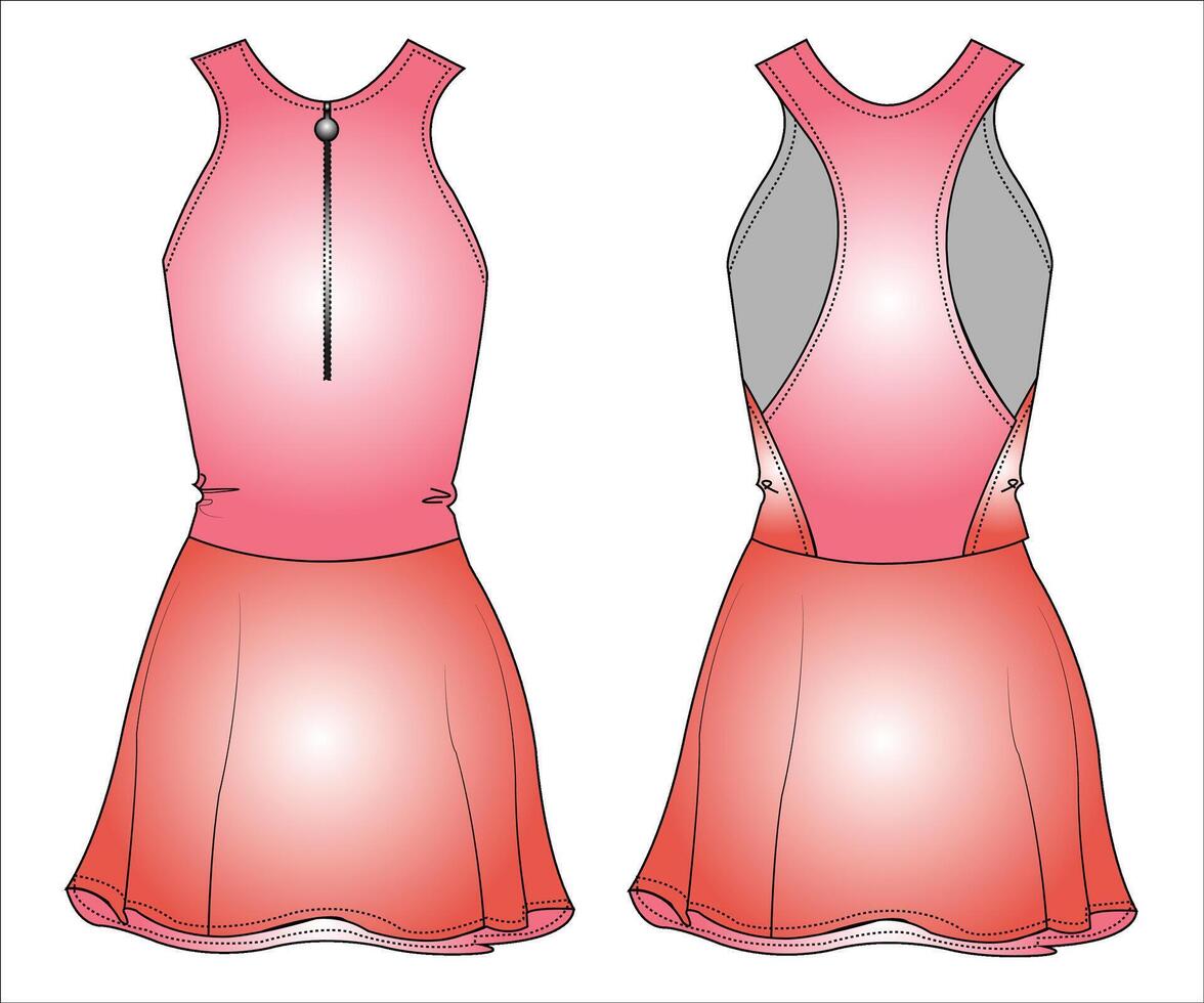 Girl's Racerback tennis golf dress fashion flat sketch vector illustration. front and back view technical drawing template