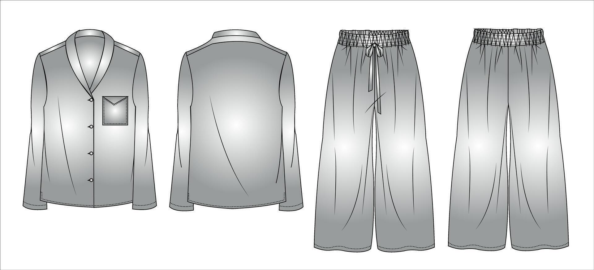 Long sleeve shirt Women's top and bottom Set pajama set and flared long pant sleep wear set fashion flat sketch vector illustration template. cad mockup