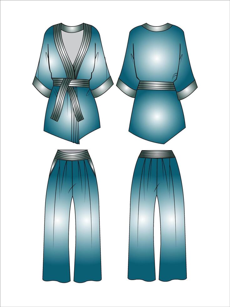 Unisex Karate suit design with flared pants flat sketch fashion illustration with front and back view wrapped kimono blouse top with Pajama suit sleepwear set cad drawing vector