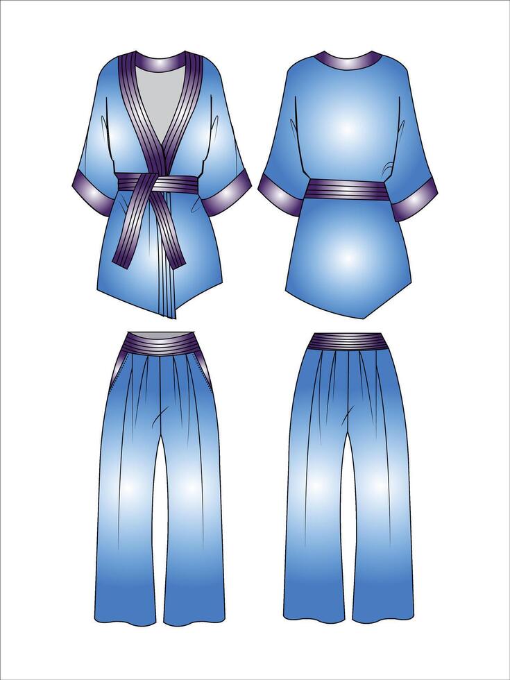 Unisex Karate suit design with flared pants flat sketch fashion illustration with front and back view wrapped kimono blouse top with Pajama suit sleepwear set cad drawing vector