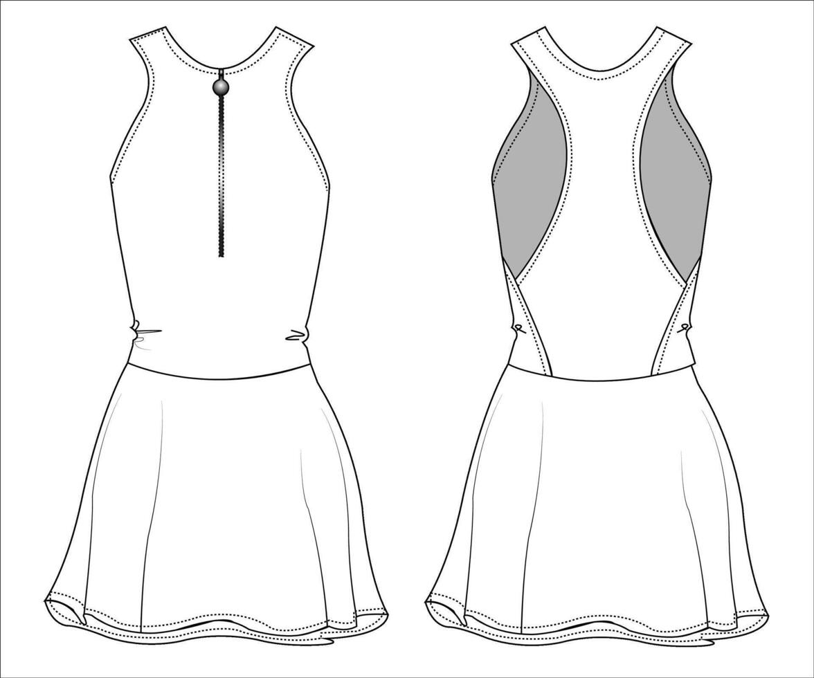 Girl's Racerback tennis golf dress fashion flat sketch vector illustration. front and back view technical drawing template