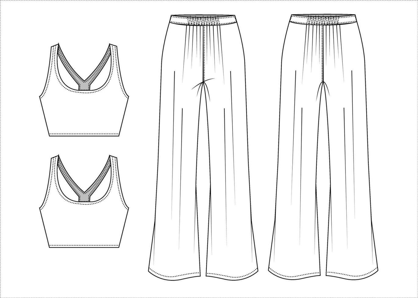 Women's lounge set sleeveless crop top and wide leg pants fashion flat sketch vector illustration technical cad drawing template