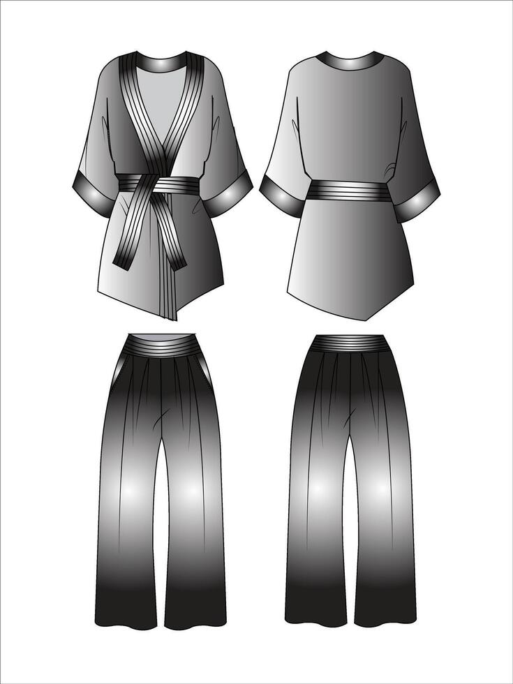 unisexo kárate traje diseño con acampanado pantalones plano bosquejo Moda ilustración con frente y espalda ver envuelto kimono blusa parte superior con pijama traje ropa de dormir conjunto canalla dibujo vector