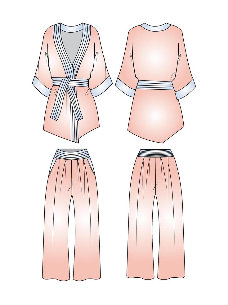 Unisex Karate suit design with flared pants flat sketch fashion illustration with front and back view wrapped kimono blouse top with Pajama suit sleepwear set cad drawing vector