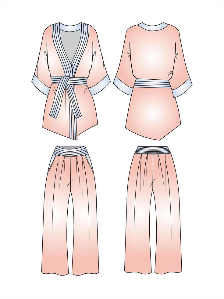 unisexo kárate traje diseño con acampanado pantalones plano bosquejo Moda ilustración con frente y espalda ver envuelto kimono blusa parte superior con pijama traje ropa de dormir conjunto canalla dibujo vector