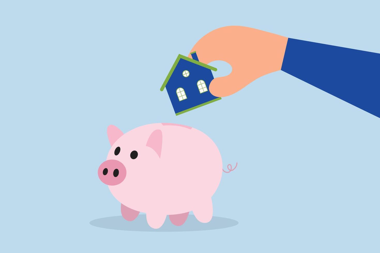 Saving for house, Man inserts warm family residence into pink piggy bank. vector
