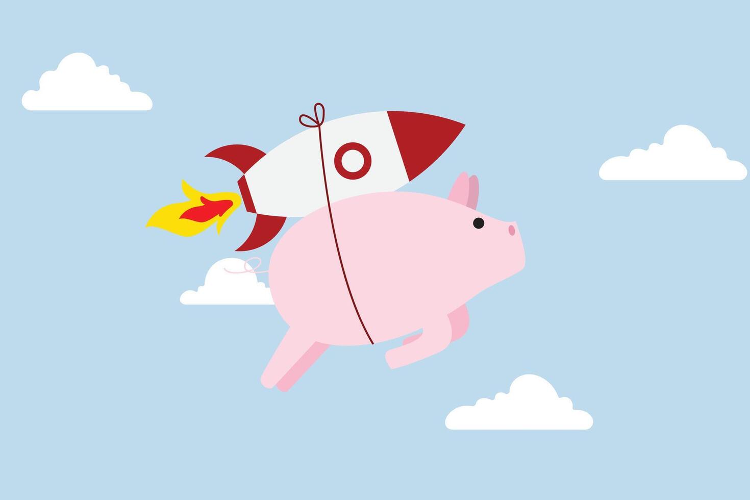 Boost saving and get higher return, pink piggy bank that flies with rocket booster. vector