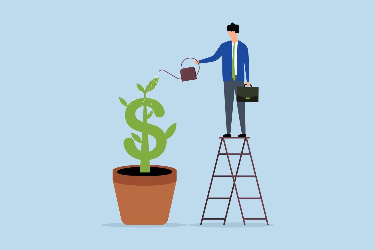 Growth investment, An investor and businessman is watering a sprout or seedling plant that is growing from a golden dollar sign. vector