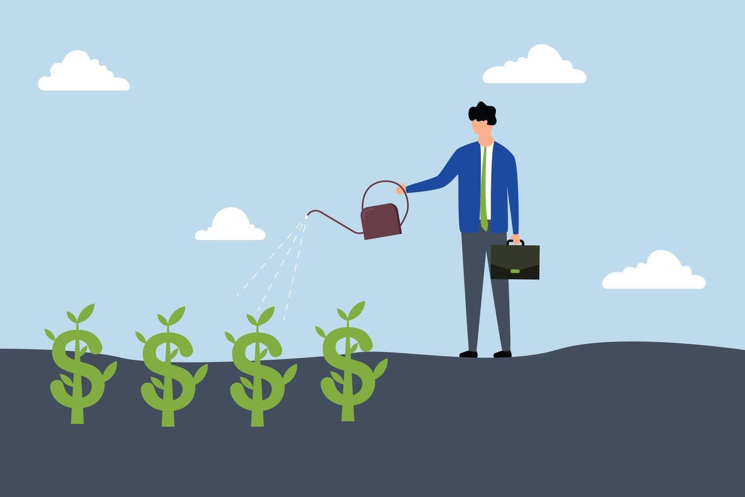 Dividend investment, Happy businessman investor holds a watering can to irrigate the sprout seedlings he planted from the cash sign. vector