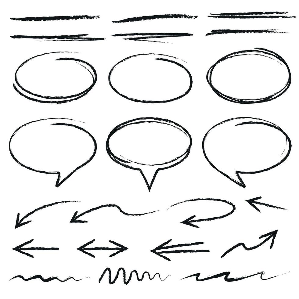 conjunto de mano dibujado líneas, cepillo líneas, subraya, flechas, habla burbujas, redondo marcos mano dibujado colección de varios formas aislado en blanco. vector ilustración