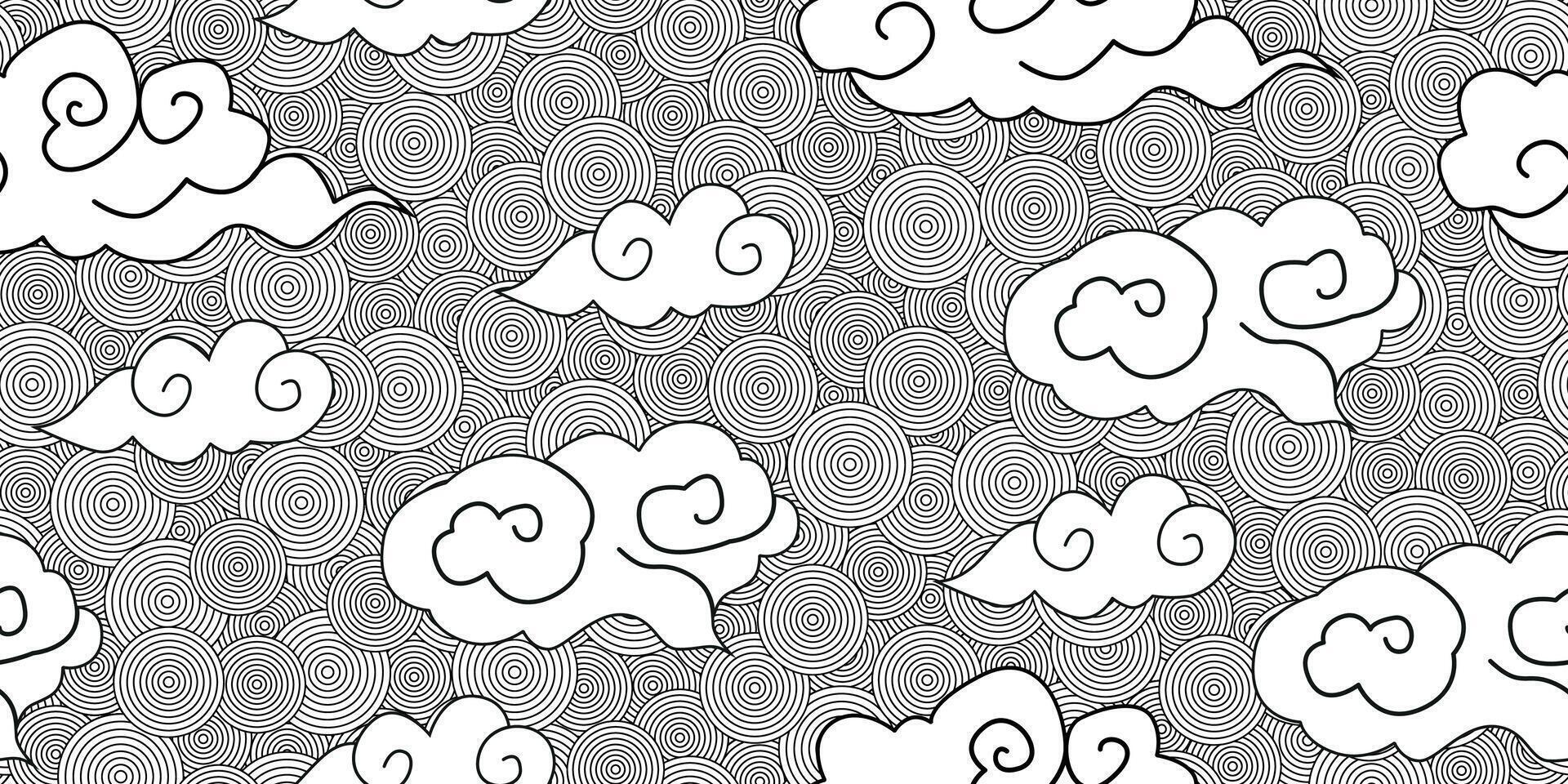 Cute abstract doodle seamless pattern with stylized sky consisting of circles and decorative clouds. Black and white vector background for children's design, covers, textiles, prints.