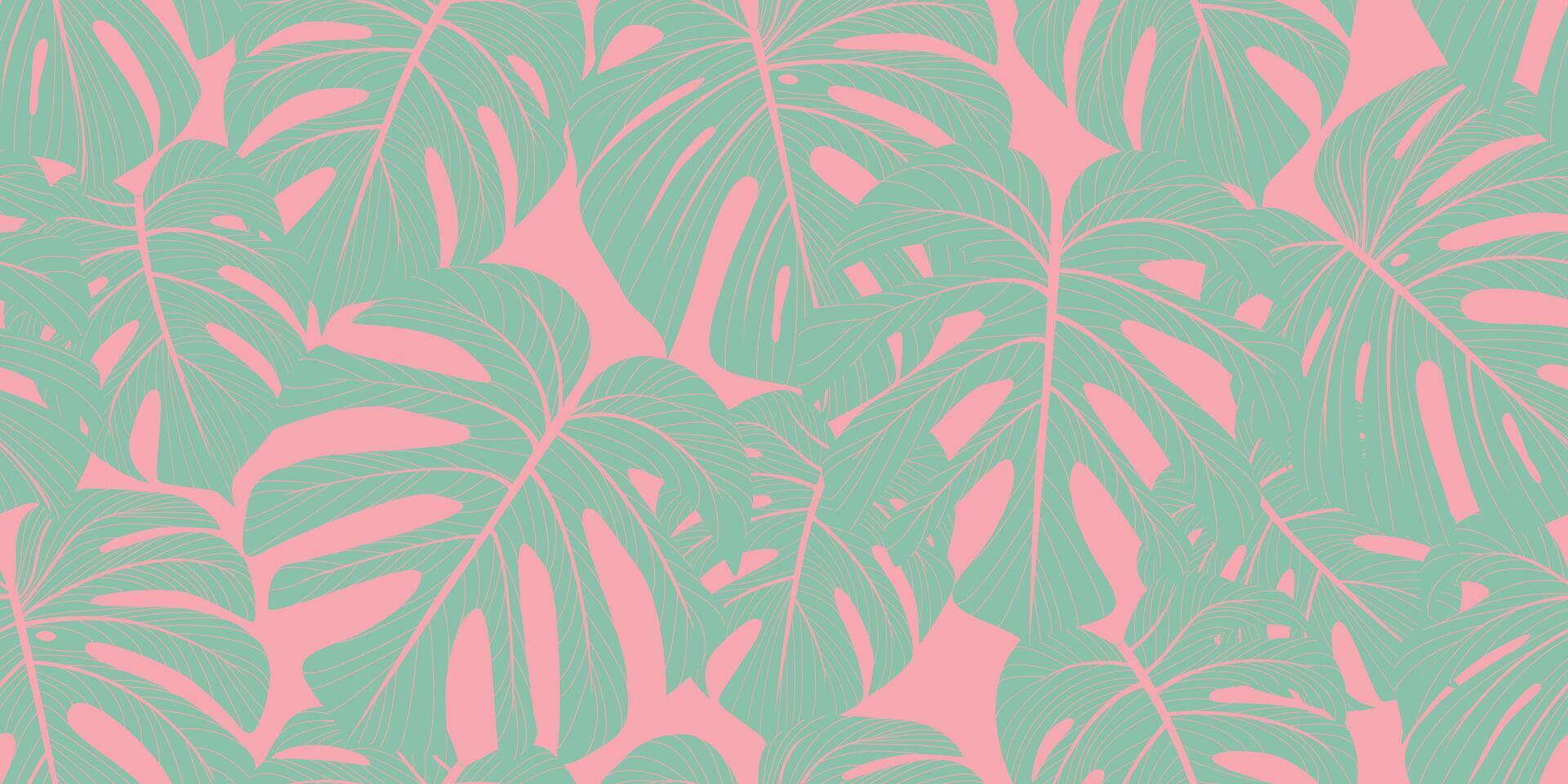 de moda verano sin costura vector modelo con monstera hojas en un rosado antecedentes. adecuado para textiles, tela, huellas dactilares, fondos de pantalla, y mucho más.