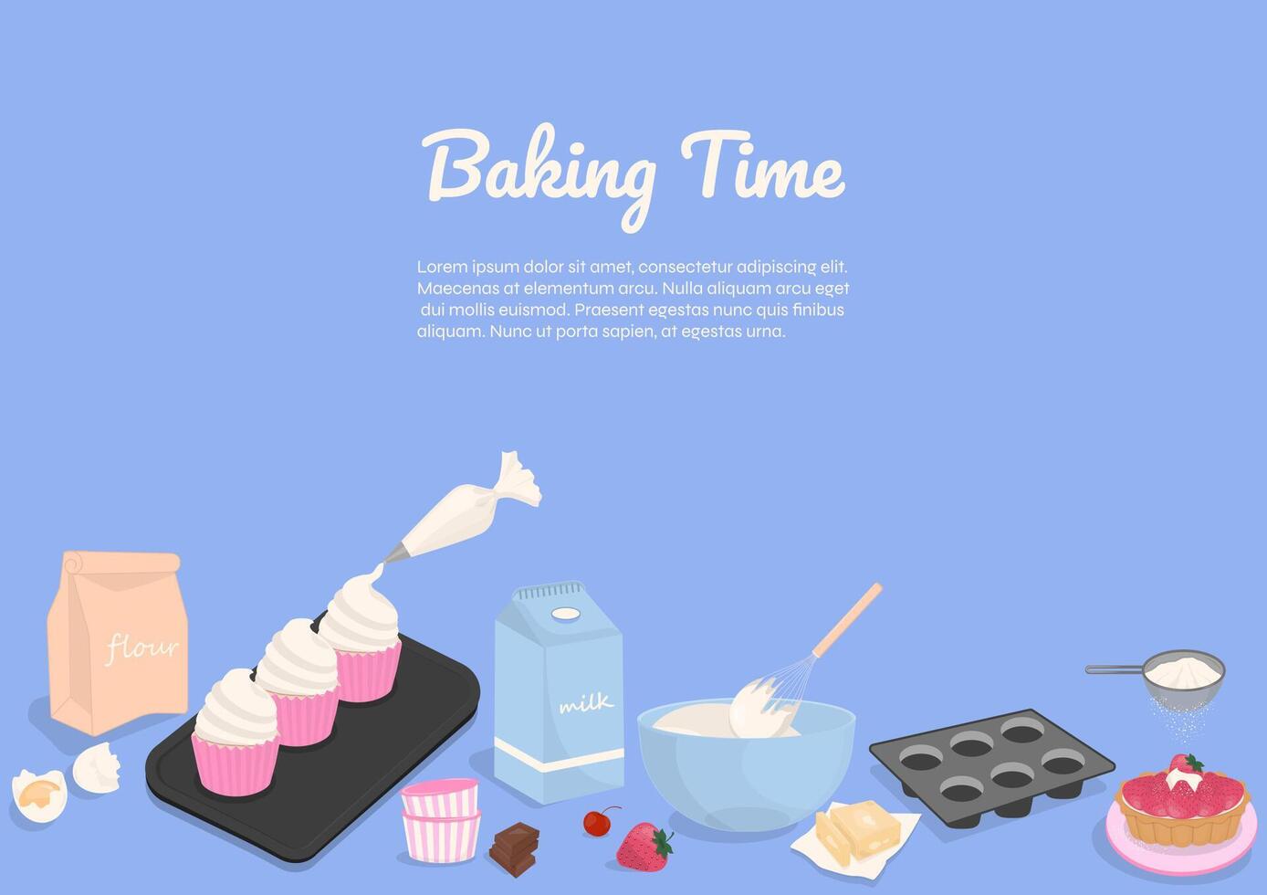 Cupcakes and baking utensils on blue background vector