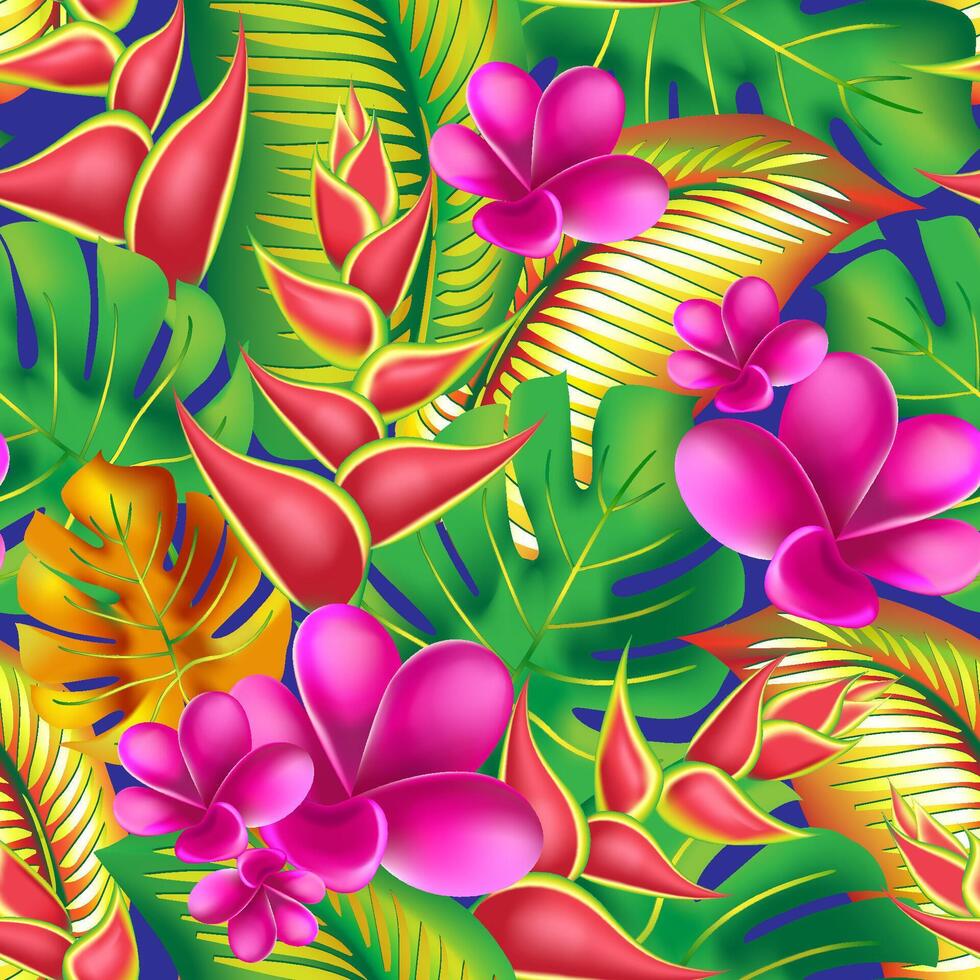 Trendy summer exotic flower print. Seamless tropical pattern. Palm monstera leaves with hibiscus and pink plumeria flowers abstract background. vector