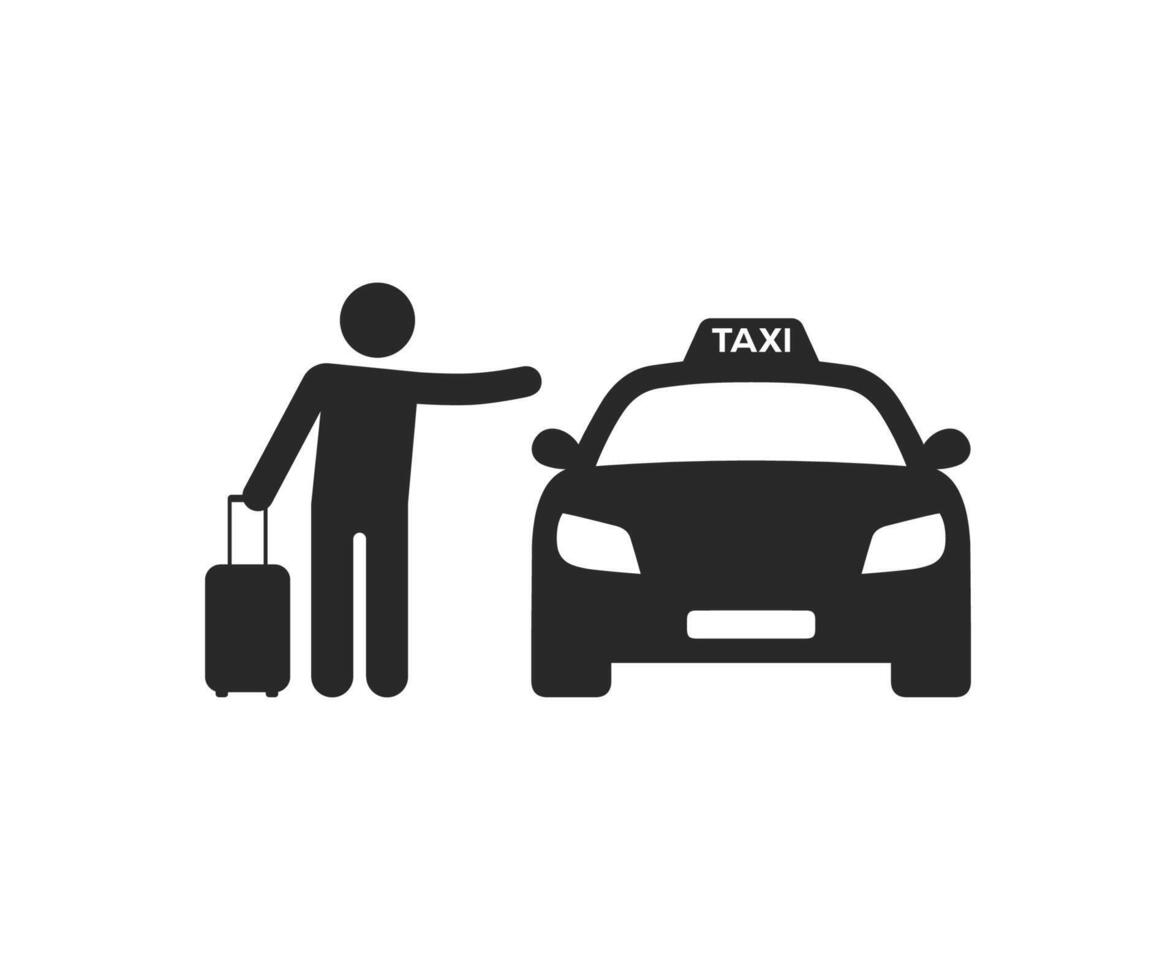 Passenger waving taxi with luggage. Taxi sign silhouette icon symbol. Person catching taxi vector icon.