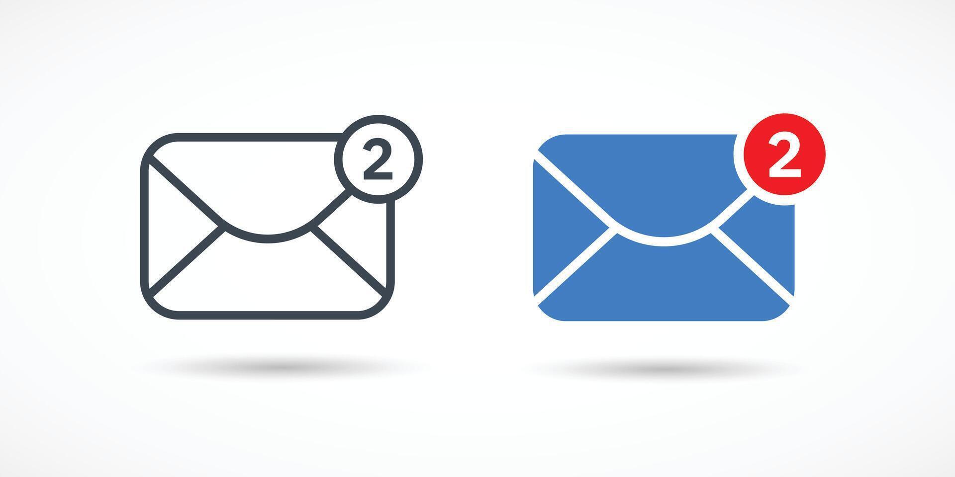 Two new incoming message envelope with notification, vector icons set.