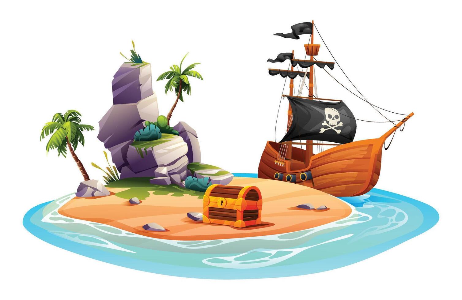 Tropical island with pirate ship, treasure chest, rocks and palm trees. Vector cartoon illustration isolated on white background