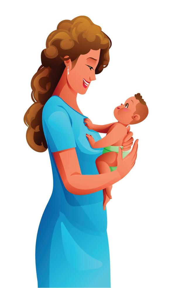 Happy mother holding baby son in arms. Vector cartoon illustration isolated on white background