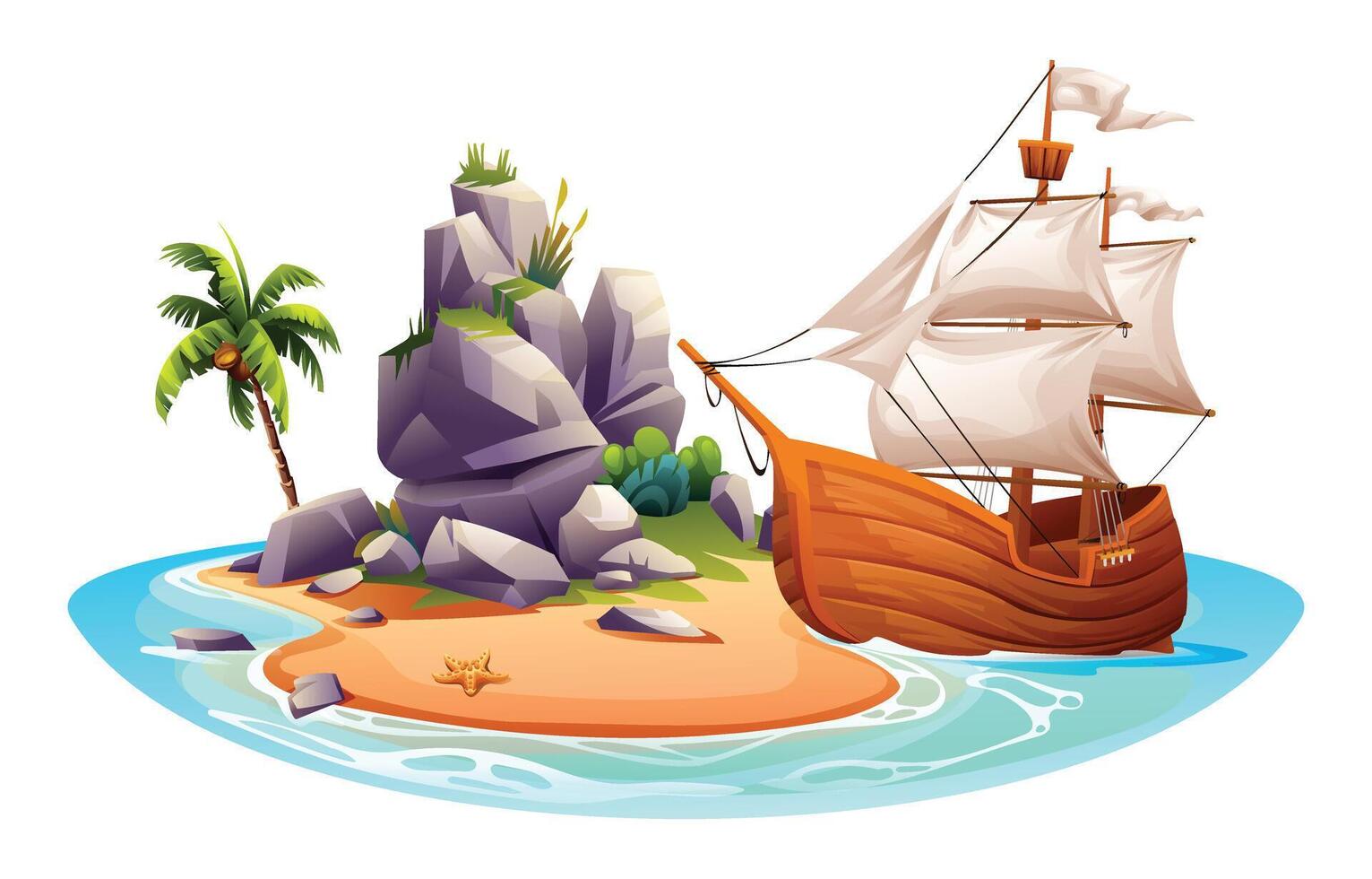 Tropical island with wooden sailing ship, palm tree and rocks. Vector cartoon illustration isolated on white background
