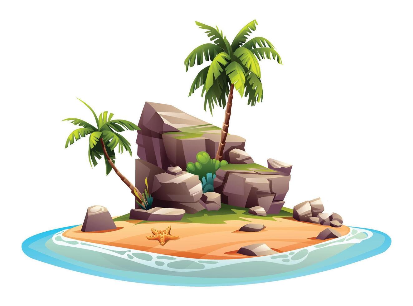Tropical island with palm trees and rocks cartoon vector illustration isolated on white background