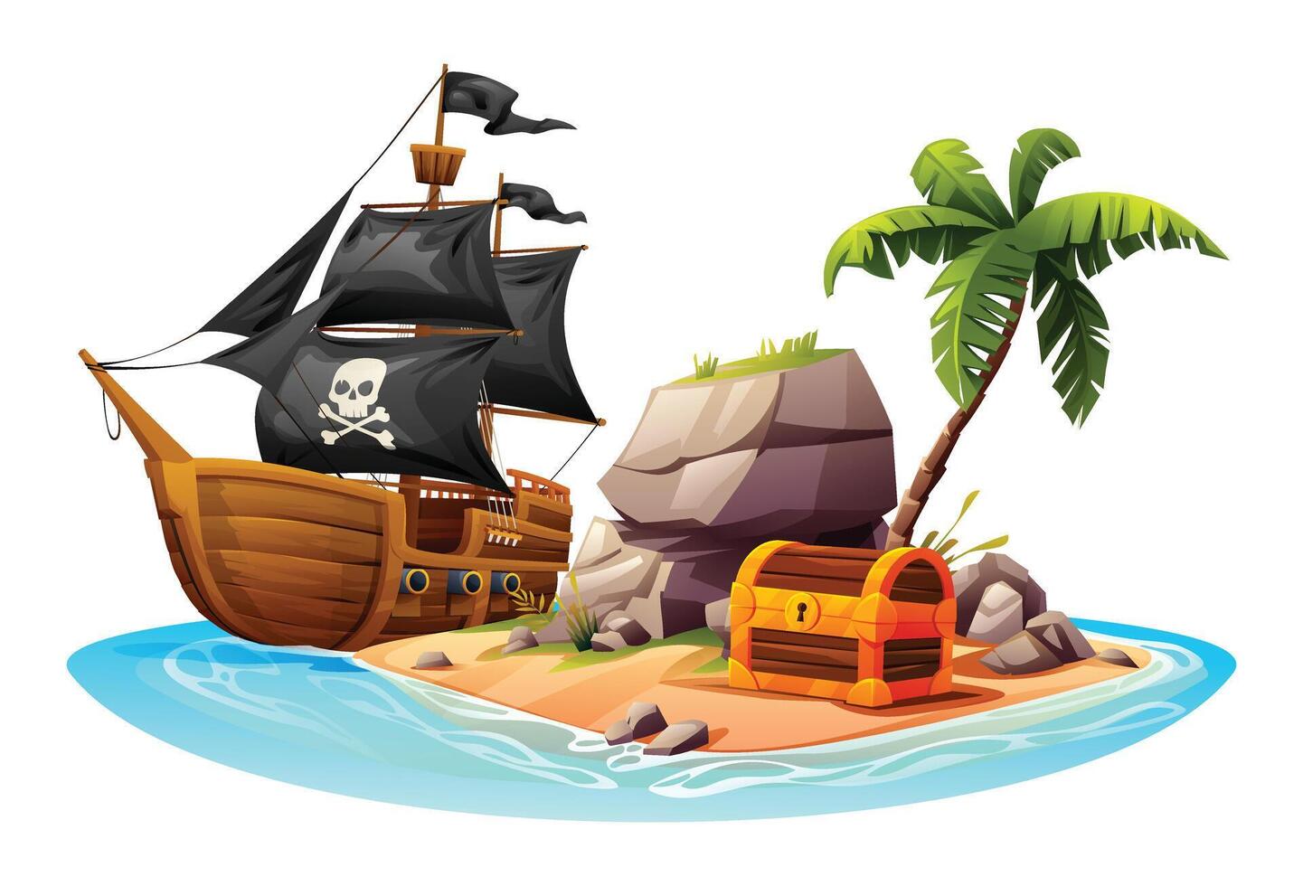 Tropical island with wooden pirate ship, treasure chest, rocks and palm tree. Vector cartoon illustration isolated on white background