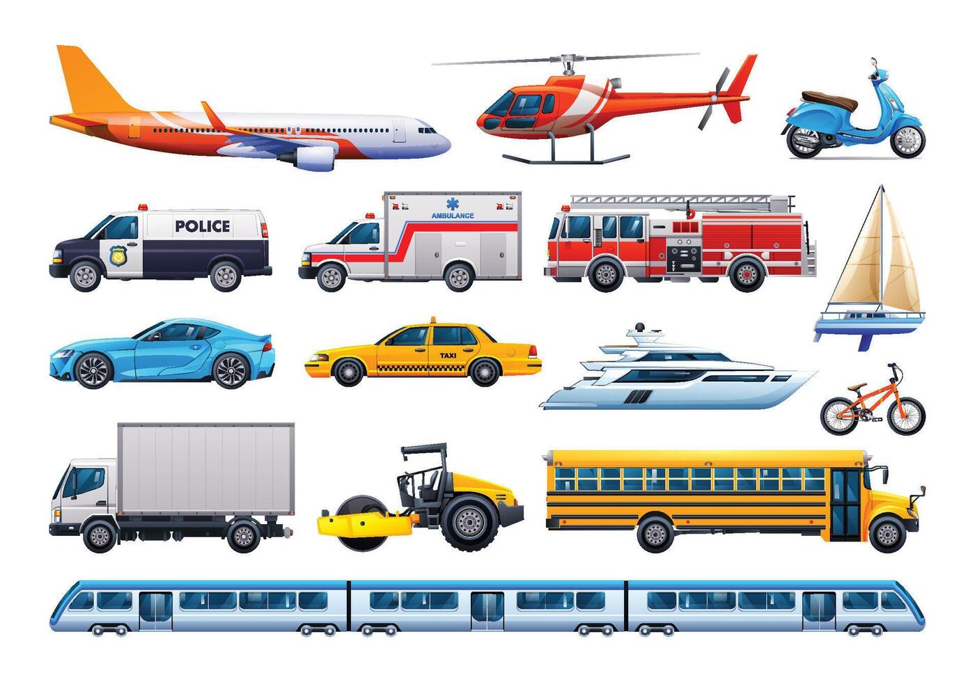 Transportation vehicle collection. Various kinds of vehicles. Vector cartoon illustration