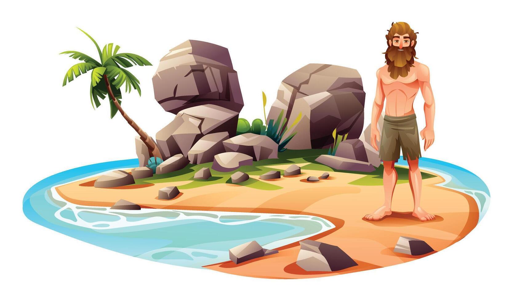 Shipwreck man on desert island with palm trees and rocks. Vector cartoon illustration isolated on white background