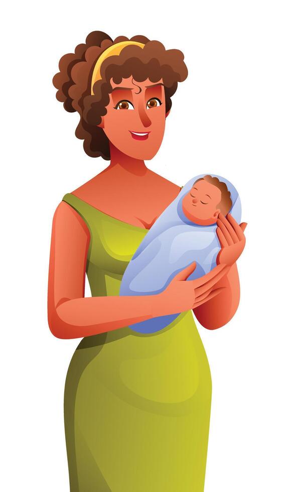 Mother holding her newborn baby. Vector cartoon illustration