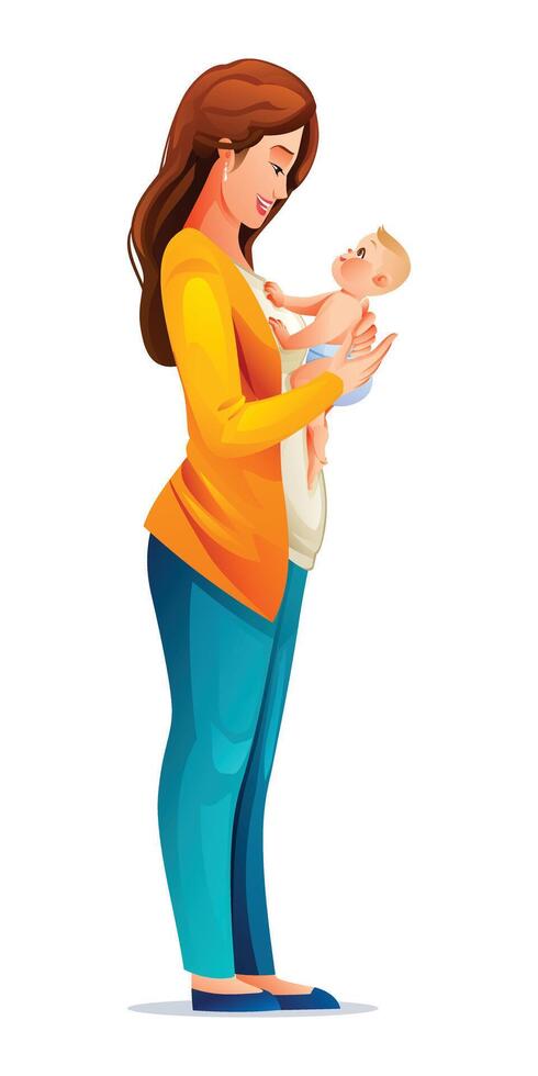 Mother holding baby son in arms. Vector cartoon illustration isolated on white background