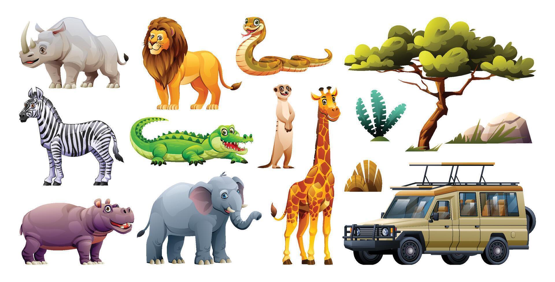 Set of african safari animals and elements. Vector cartoon illustration