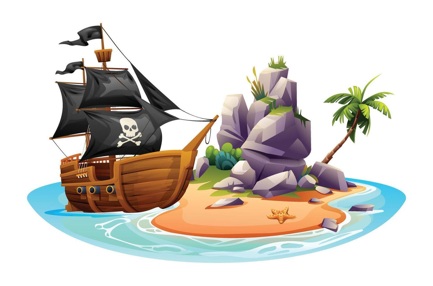 Tropical island with wooden pirate ship, rocks and palm tree. Vector cartoon illustration isolated on white background
