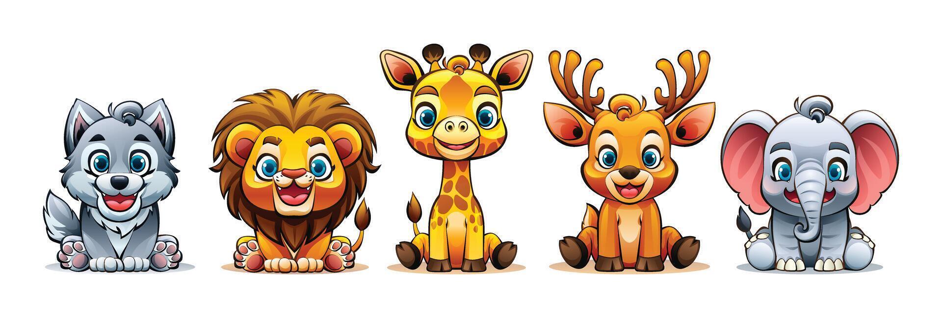 Collection of cute wild animals. Vector cartoon illustration