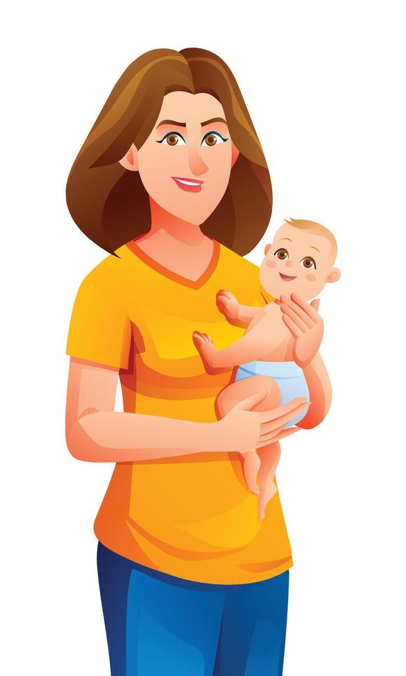 Mother holding her baby son in arms. Vector cartoon illustration