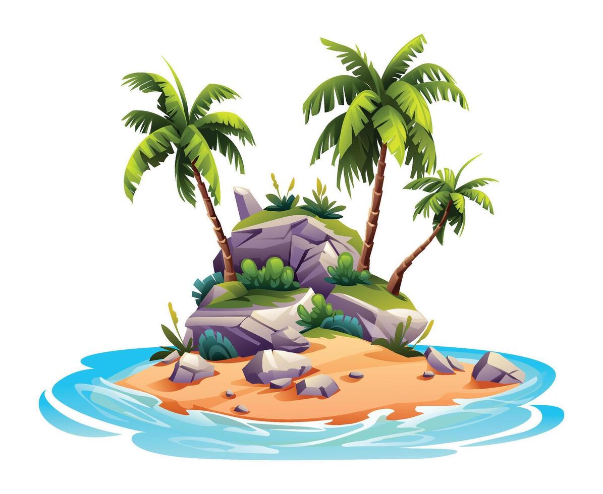 Tropical island with palm trees and rocks cartoon illustration. Uninhabited island vector isolated on white background