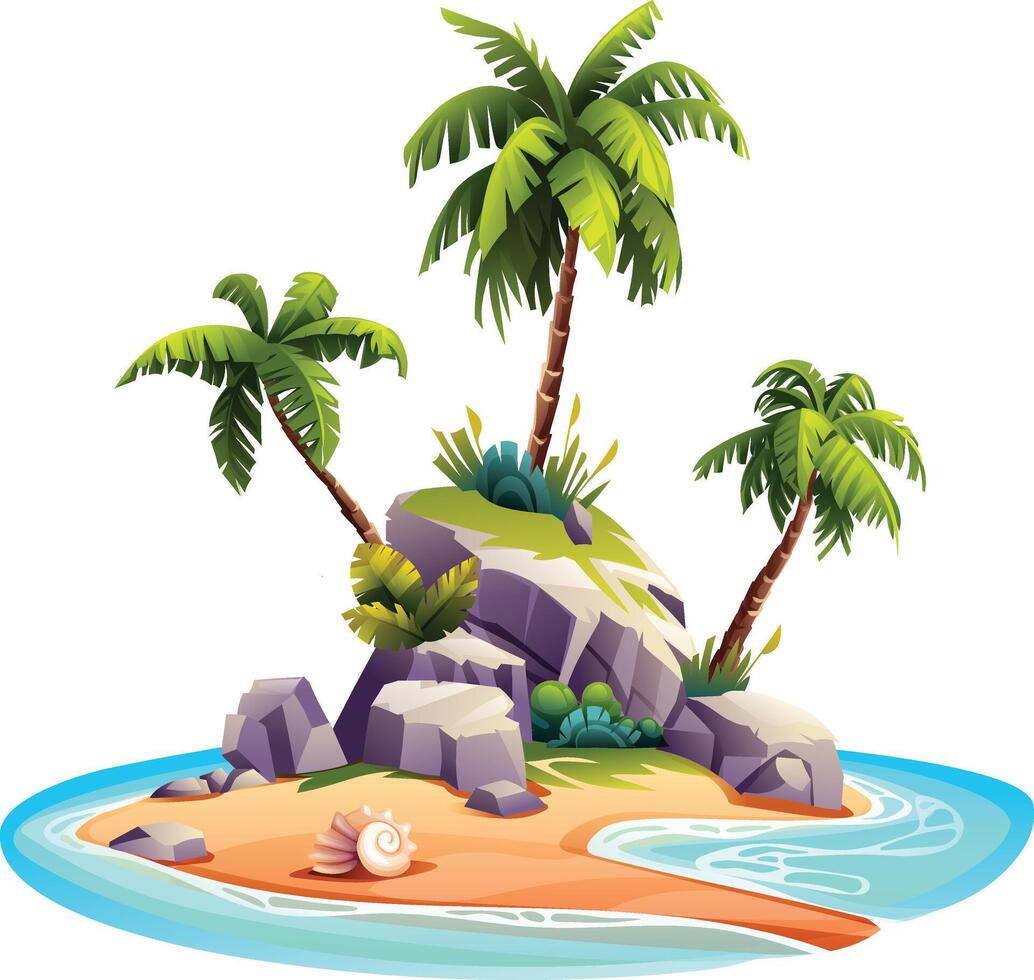 Desert island with palm trees and rocks cartoon vector illustration isolated on white background