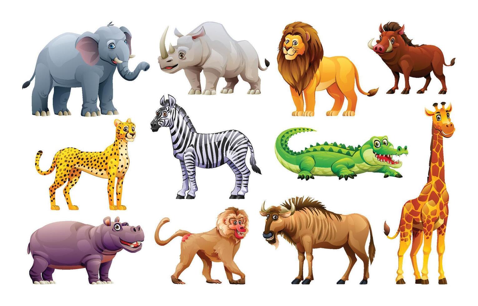 Collection of african wild animals. Vector cartoon illustration