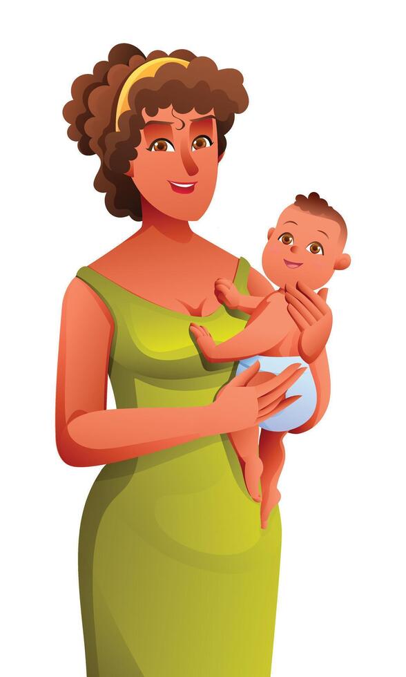 Mother holding her baby son in arms. Vector cartoon illustration isolated on white background