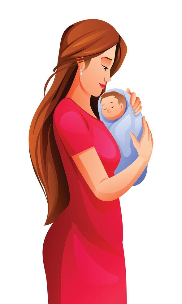 Mother holding newborn baby in arms. Vector cartoon illustration