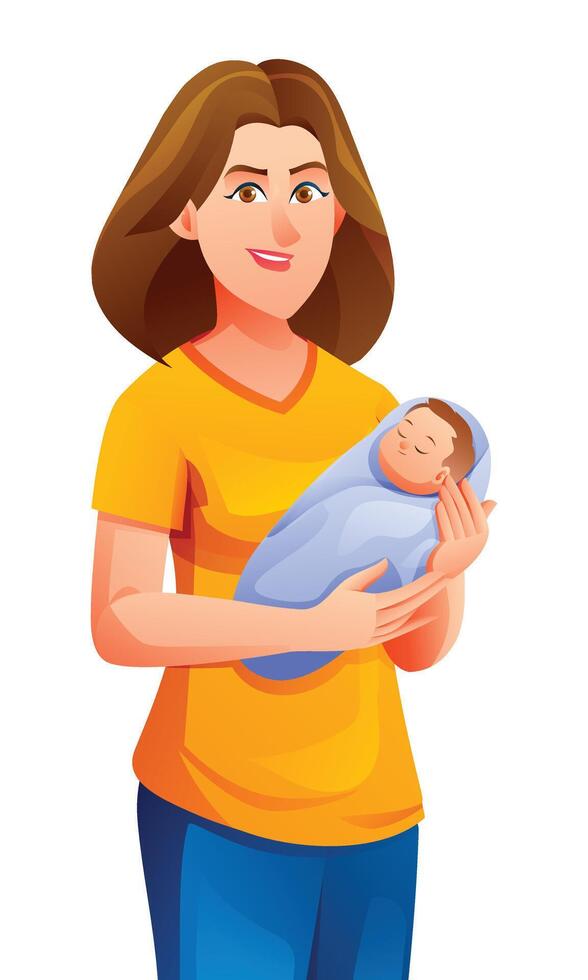 Mother holding her newborn baby in arms. Vector cartoon illustration