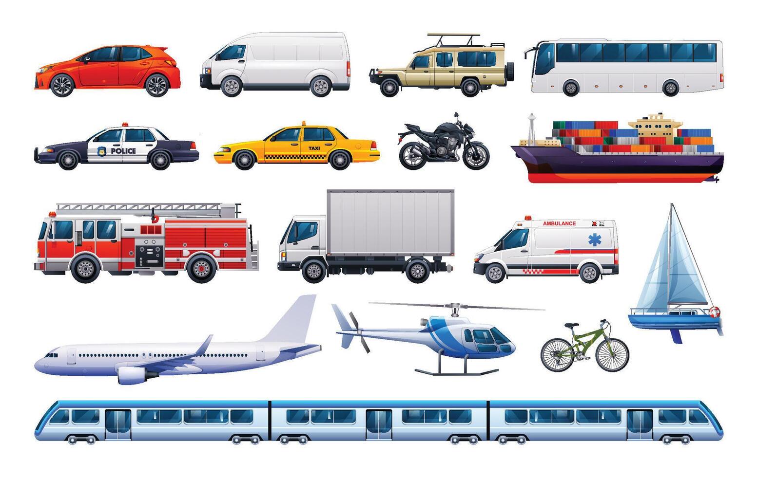 conjunto de transporte vehículos varios tipos de vehículos vector dibujos animados ilustración