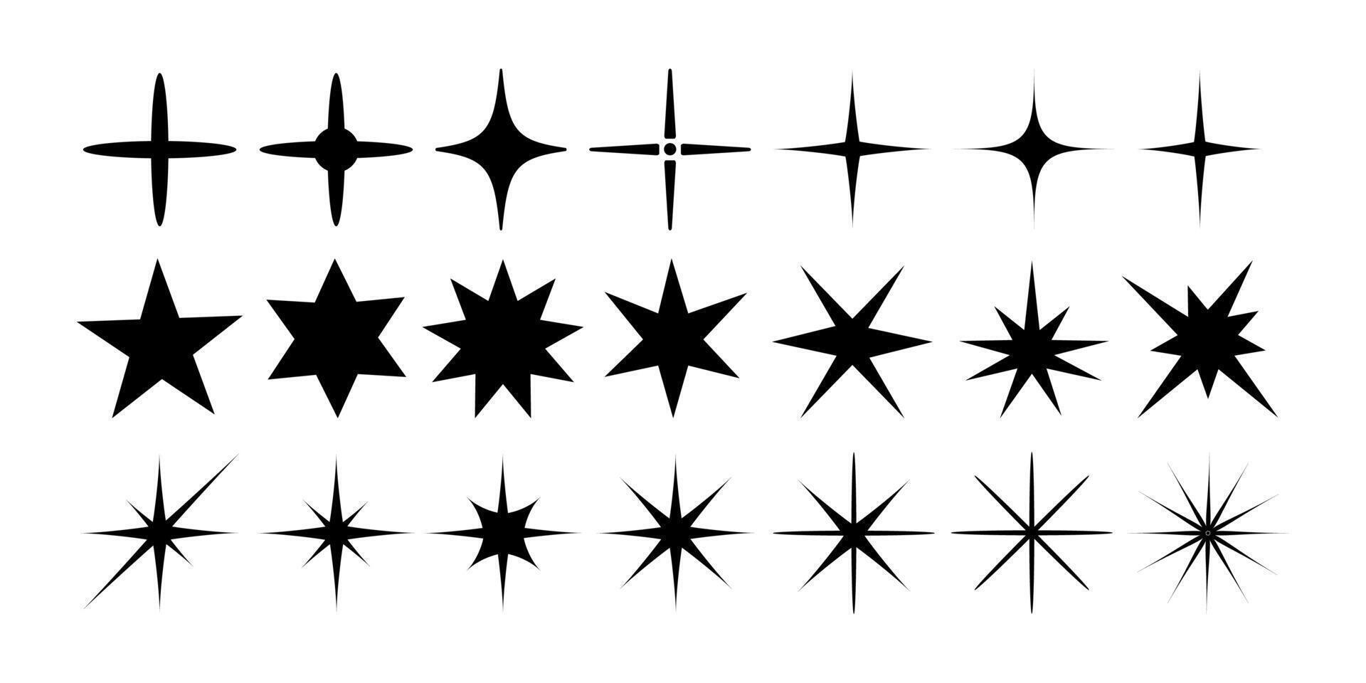 Set of star icons. Shiny icons, shimmering light shape. Vector illustration.