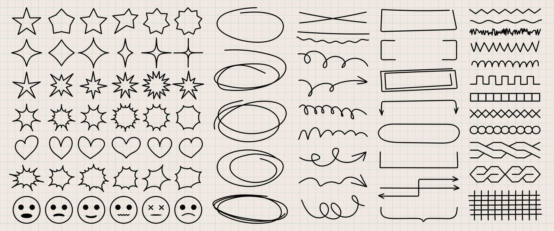 Doodles highlight the strokes for notes in a notebook. Hand drawn collection of various line shapes elements on a checkered sheet. Modern vector brush strokes, pen, pencil.