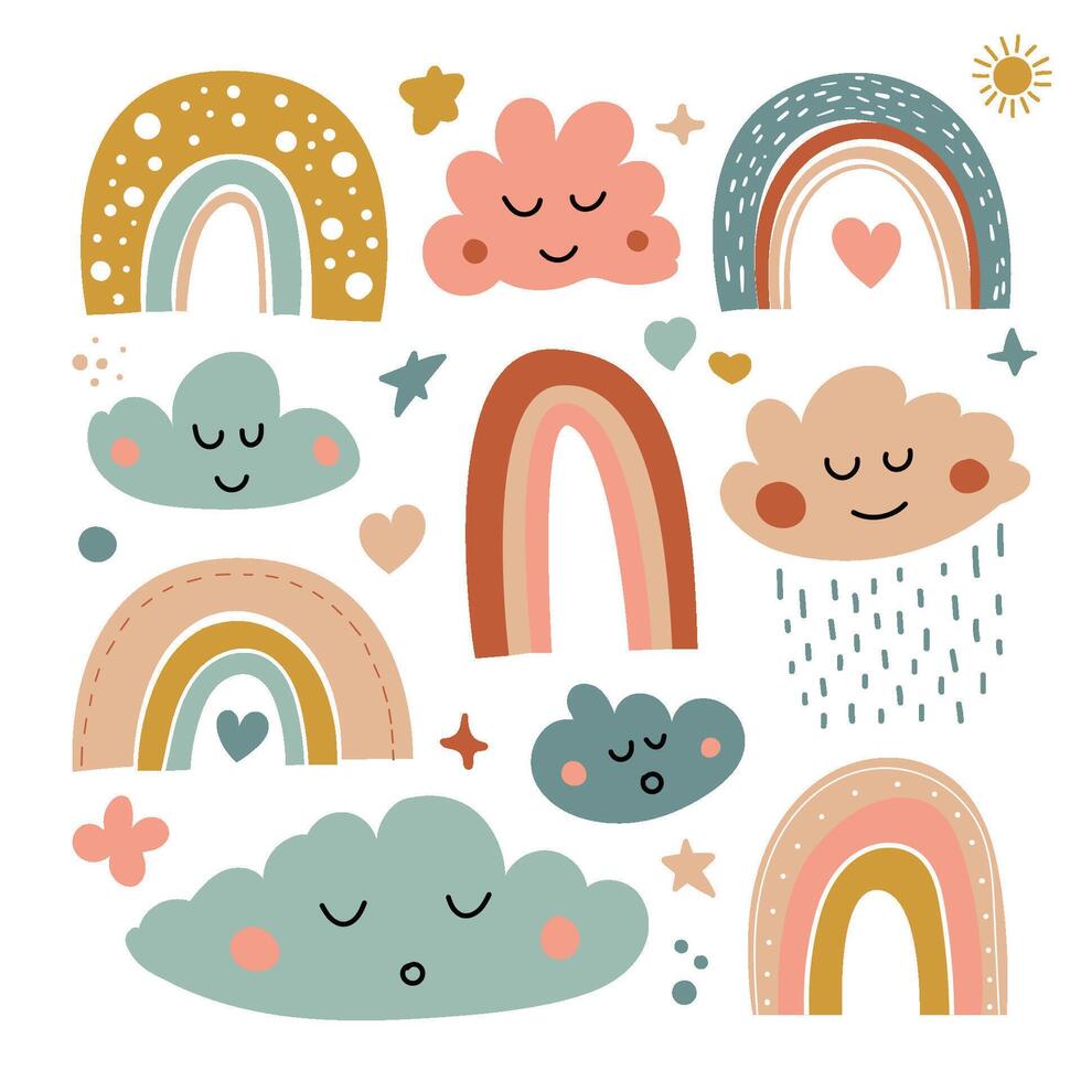 Rainbows, stars, sun, a set of vector hand drawn illustration with boho style. rainbow set. Scandinavian style. Nursery child sleeping clouds