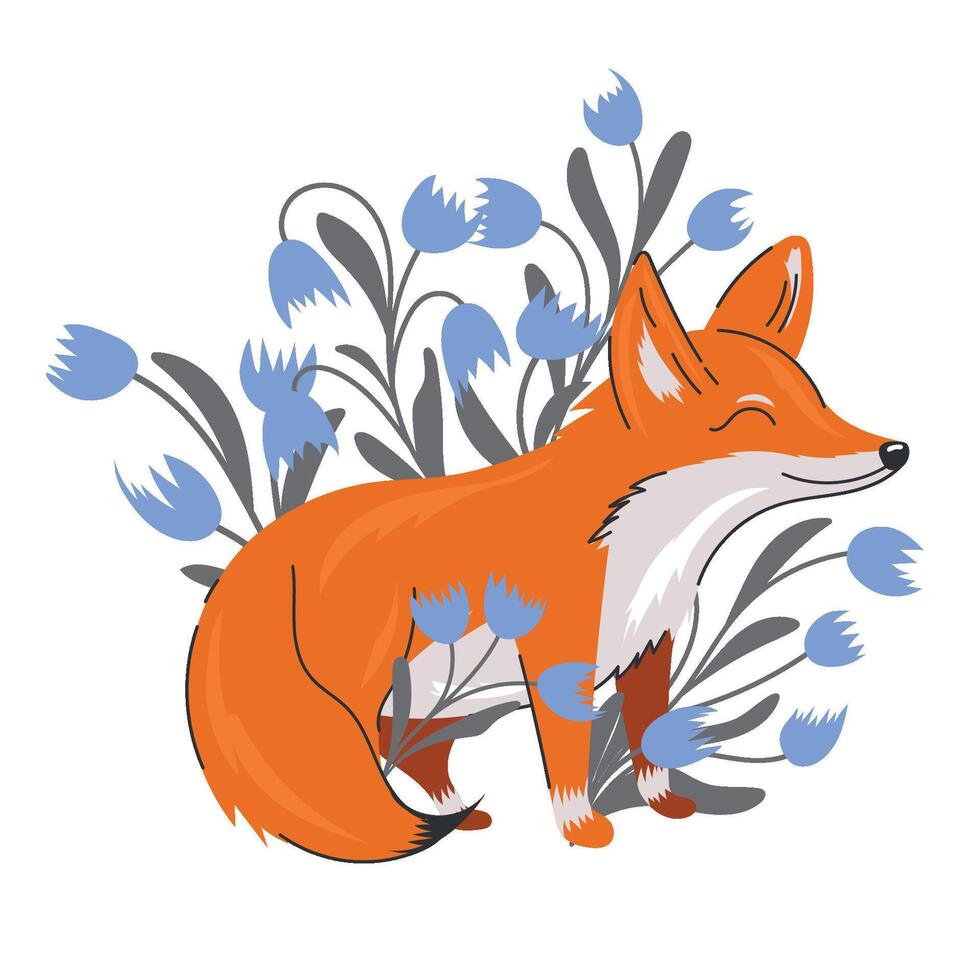 Cute fox with green branches and flowers. Funny wild animal in spring. Cartoon character, hand drawn vector illustration for kids, flat design. blue lillies of the valley