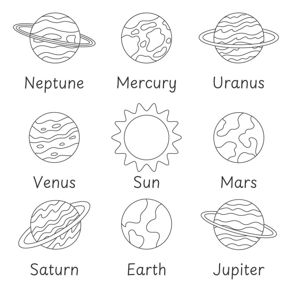Planets of the solar system with names. Vector illustration.