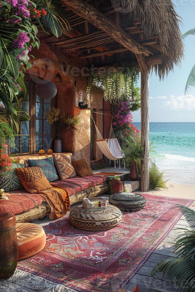 AI Generated Bohemian beach hut with colorful fabrics hammocks photo