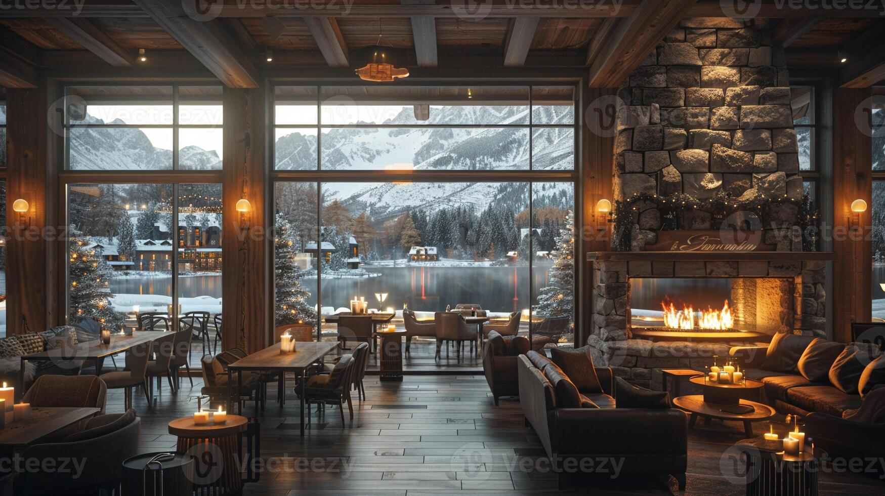 AI Generated Cozy ski lodge cafe with warm fireplaces wooden beams photo